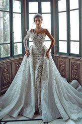 BMbride Luxurious Long White One Shoulder A-line Beading Pearls Long Sleeve Weeding Dress With Train BMbride